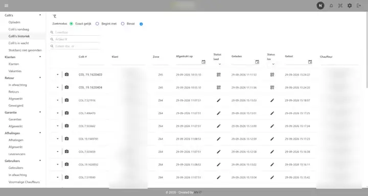ColliManager colli-historiek met klantgegevens vervaagd