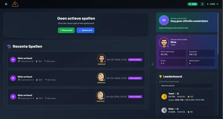 RackStar dashboard met recente spellen, speler van de week en leaderboard